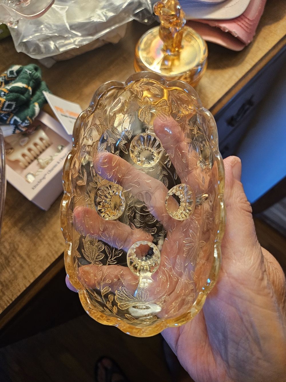 Vintage Amber Depression Pressed Glass Candy Dish - Elegant Floral Design